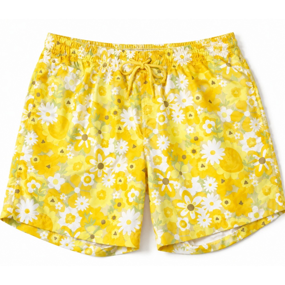 Free Planet Mens Large Swim Trunks Yellow Floral Drawstring‎ Retro Beachcore